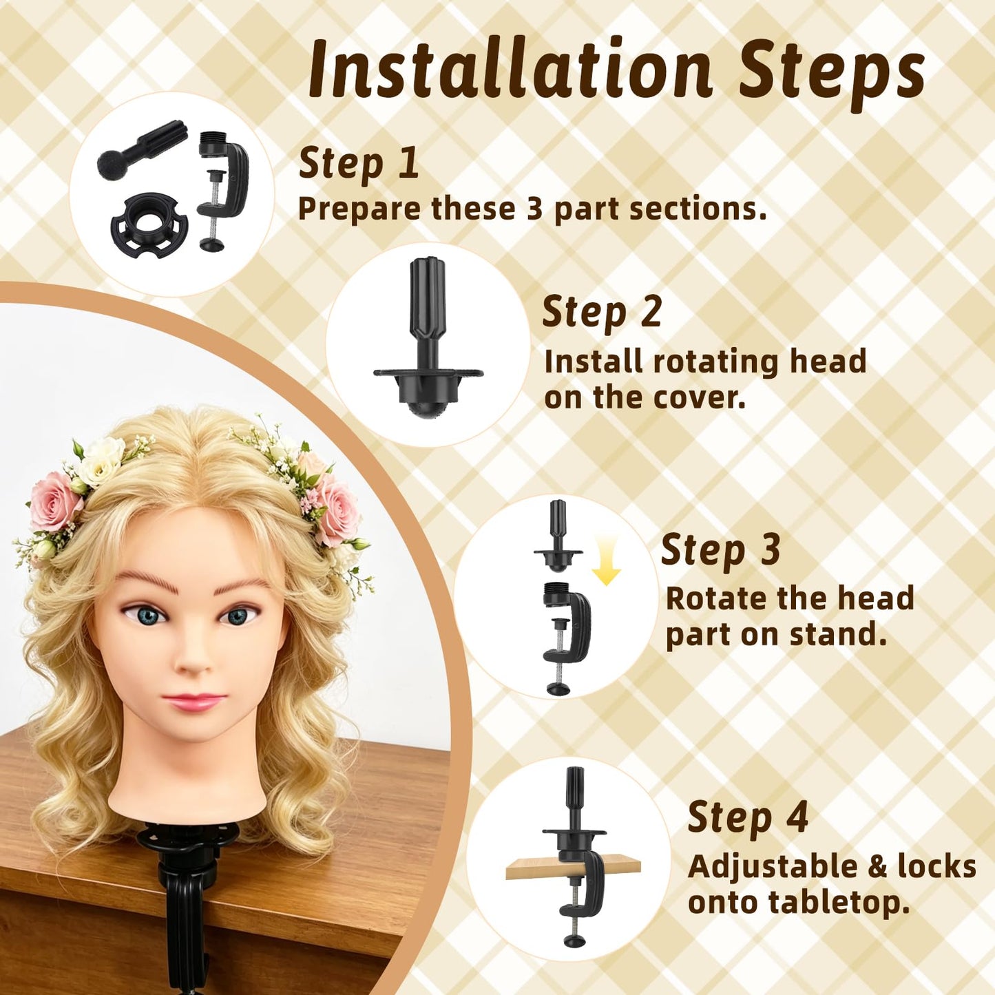 Mannequin Head with 90% Human Hair, 24" Hair Doll Head for Cosmetology & Hairdresser, Real Hair Manikin Doll Styling Head, Hairdressing Training Braiding Head with Table Clamp (Off-White C)