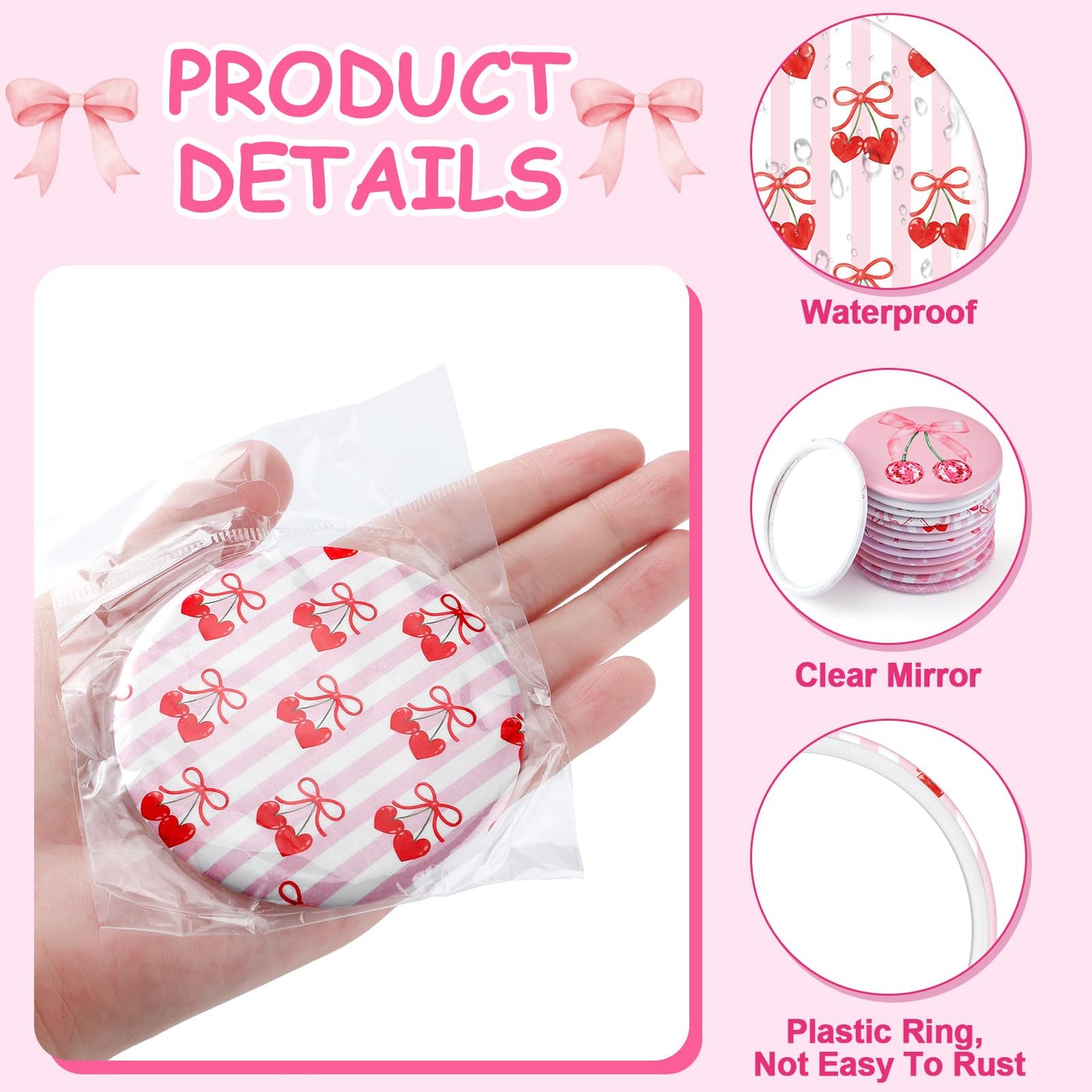 Weysat 24 Pcs Cherry Bow Compact Mirrors Bulk 2.7" Small Round Portable Pink Pocket Makeup Mirror for Girls Women Coquette Preppy Birthday Bridal Shower Weddings Party Favors Decorations