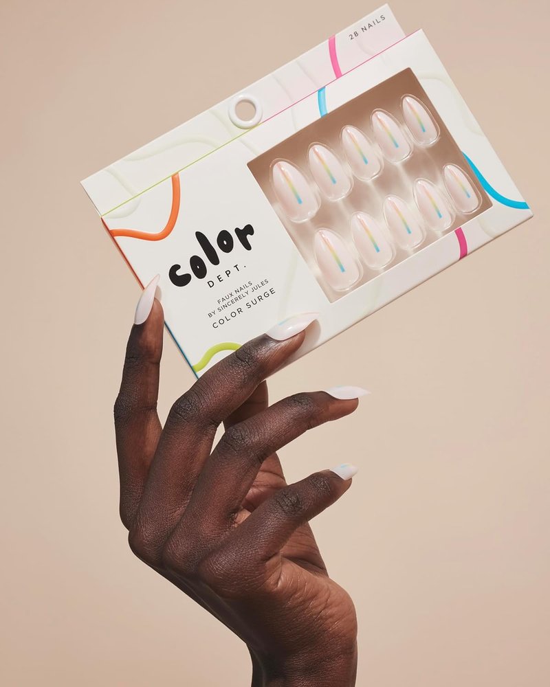 Color Surge Faux Nails - Short Almond Press-On Nails with Pearl Iridescent Finish | Rainbow Stripe Design Acrylic Nail Kit for Women
