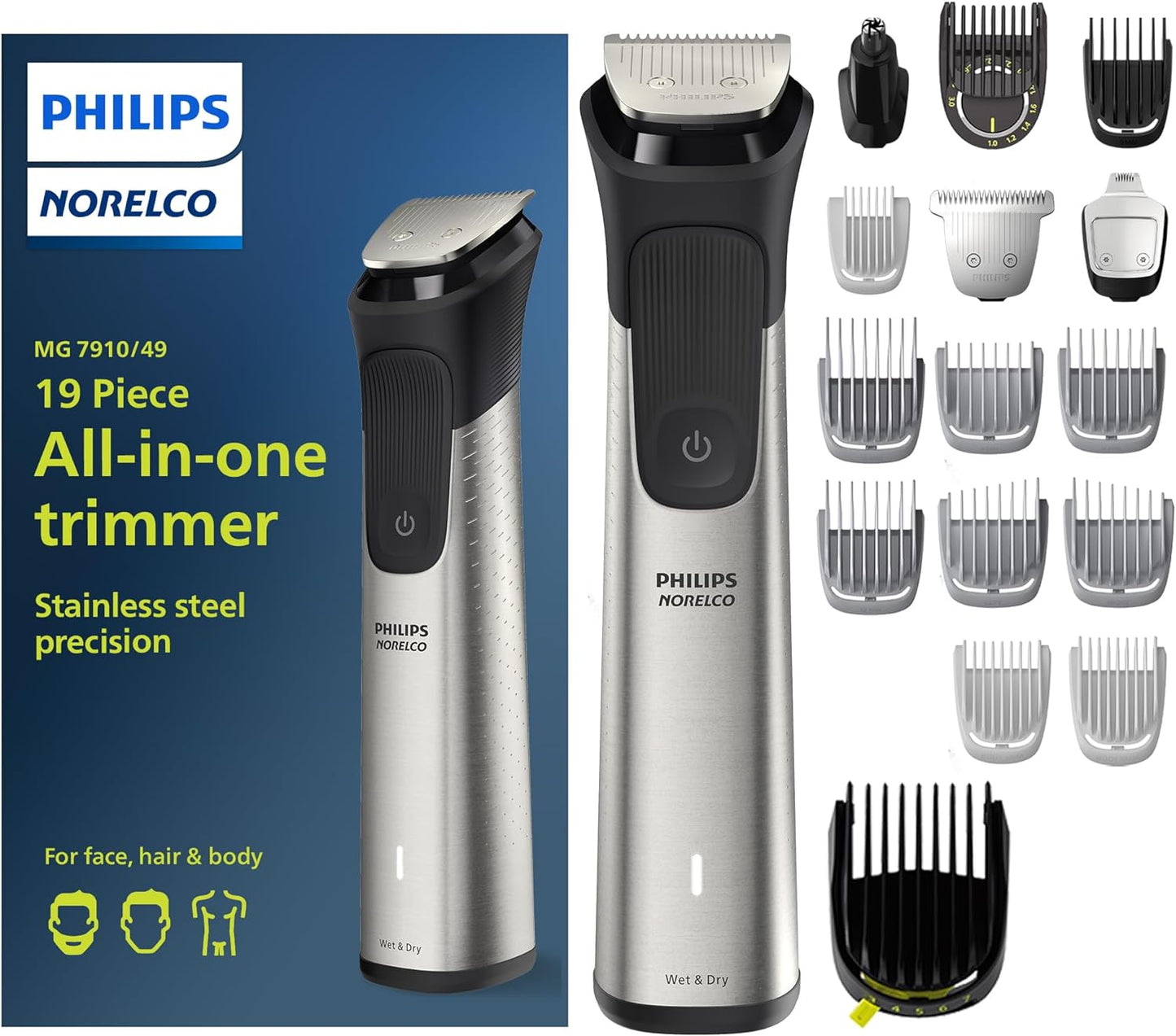 Philips Multigroom 7000 Series - All-in-One Beard & Hair Trimmer | 19-Piece Men's Grooming Kit with Soft Pouch, MG7910/49