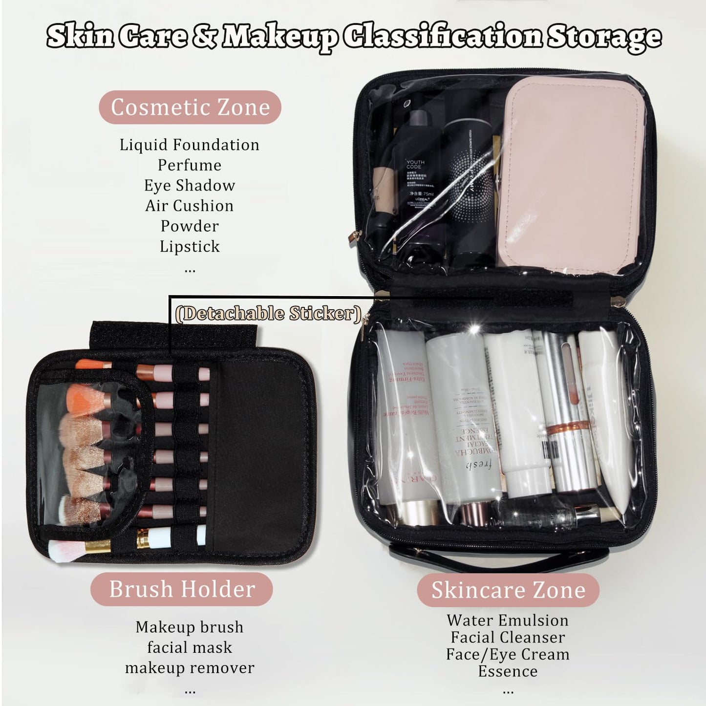 VNIMTI Travel Makeup Bag, Travel Toiletry Bag for Women with Brush Holder, Double Layer Large Cosmetic Bag, Portable Makeup Pouch, PU Leather, Black
