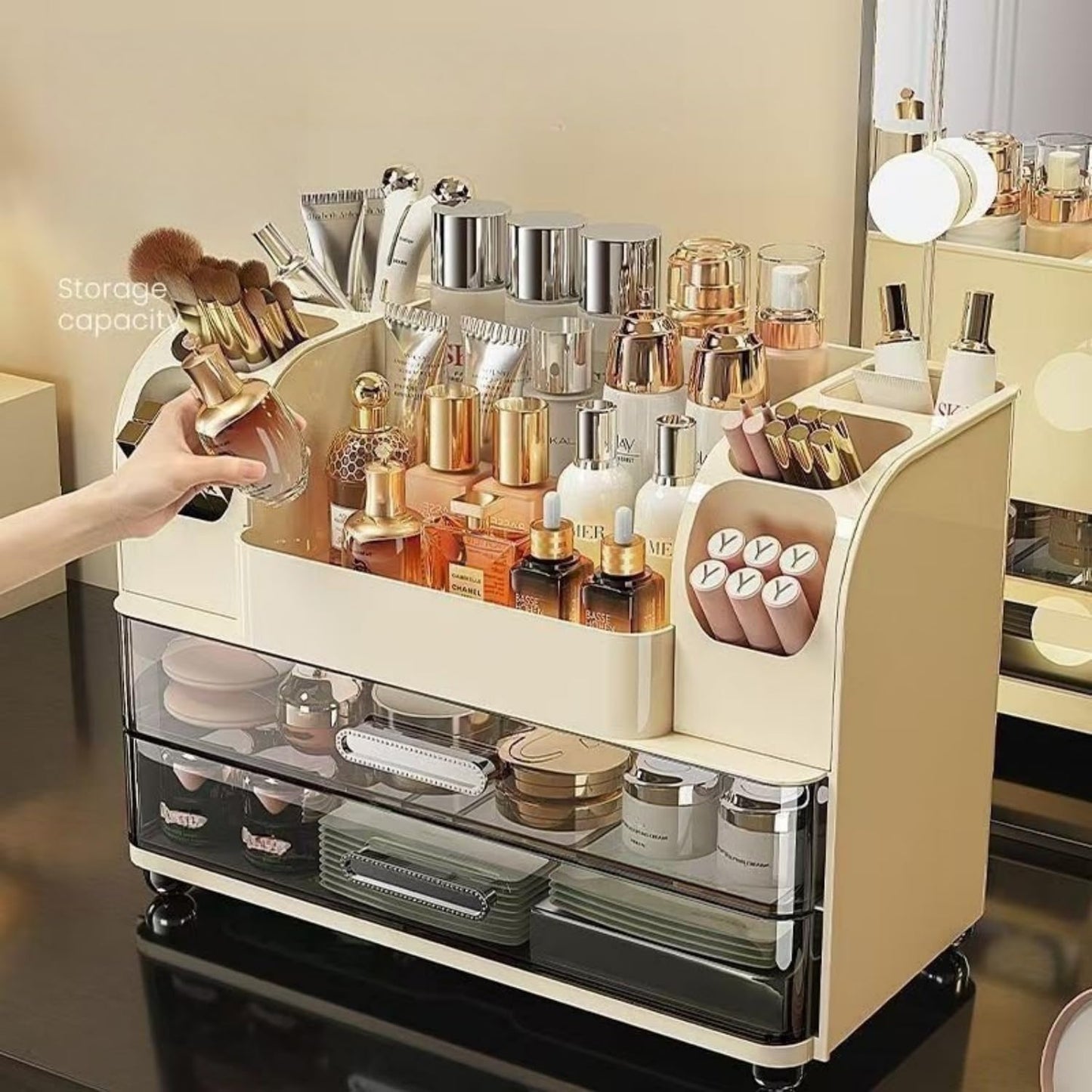 Makeup Organizer with Drawers - Vanity & Bathroom Countertop Storage for Brushes, Skincare, Lipstick | Cream Color