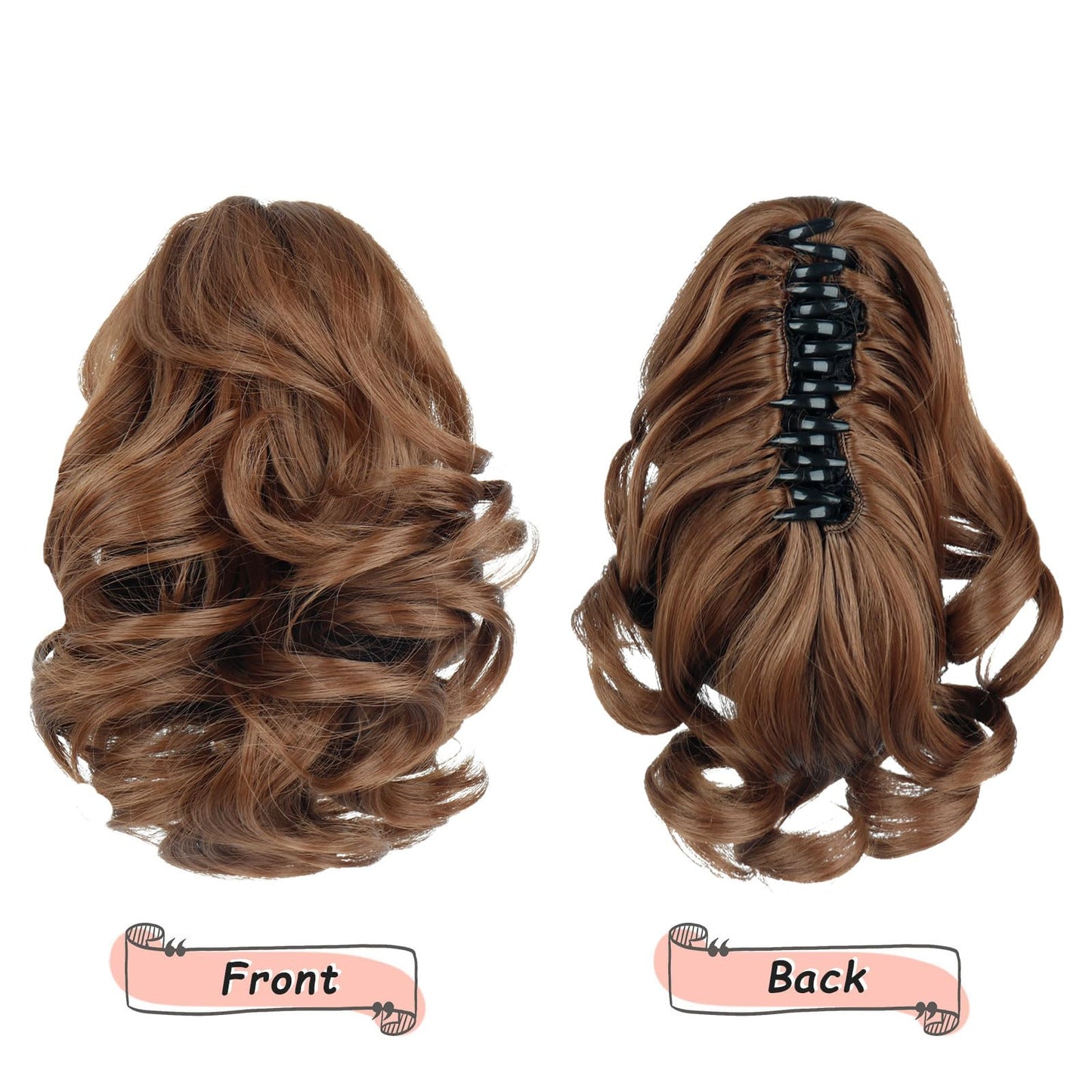 HEWEICSY Ponytail Extension, Clip on Ponytails for Women, 9" Claw Clip in Short Curly Wavy Pony Hair Extension for Women - Light Golden Brown