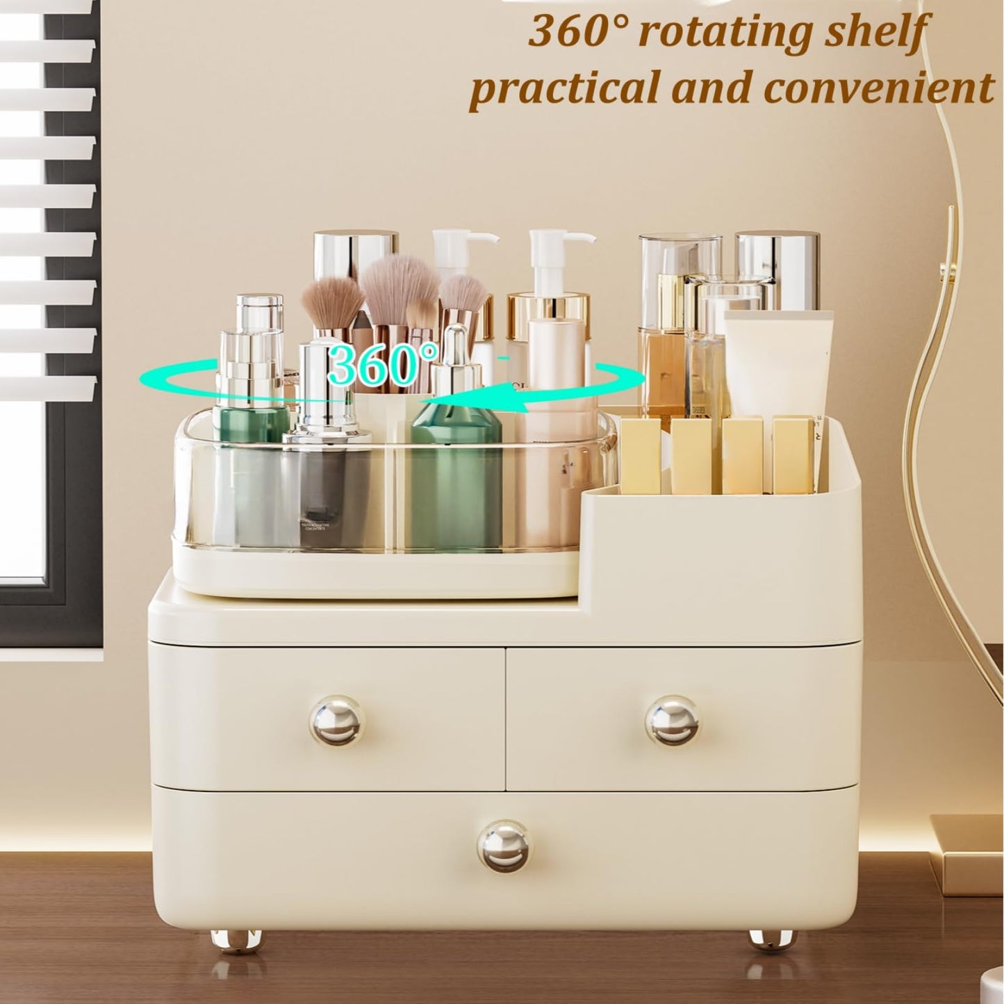 Makeup Organizer with Drawers and 360° Rotating Brush Holder,make up organizers for counter,Large Capacity Cosmetic Storage for Vanity,Skincare,Perfume