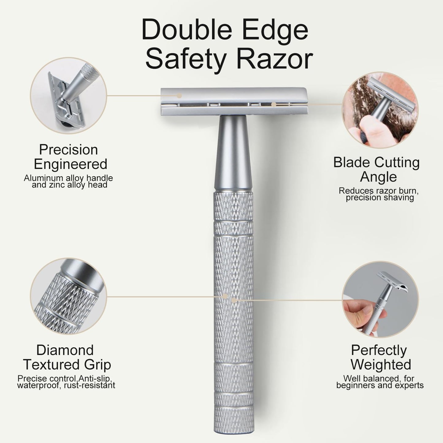 Double Edge Safety Razor, Single Blade Razors for Men and Women, with 10 Double Edge Blades, Reusable Metal 1 Blade Razor, Eco-Friendly, Zero Waste, Smooth and Close Shave, Matte Silver