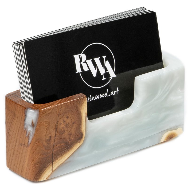 RWA Business Card Holder – Luxury Square Desk Organizer, Stylish Office Decor, Slim Card Holders - Wood & Epoxy Card Display Stand for Men and Women, Office Desk Accessories - SMART, platinum