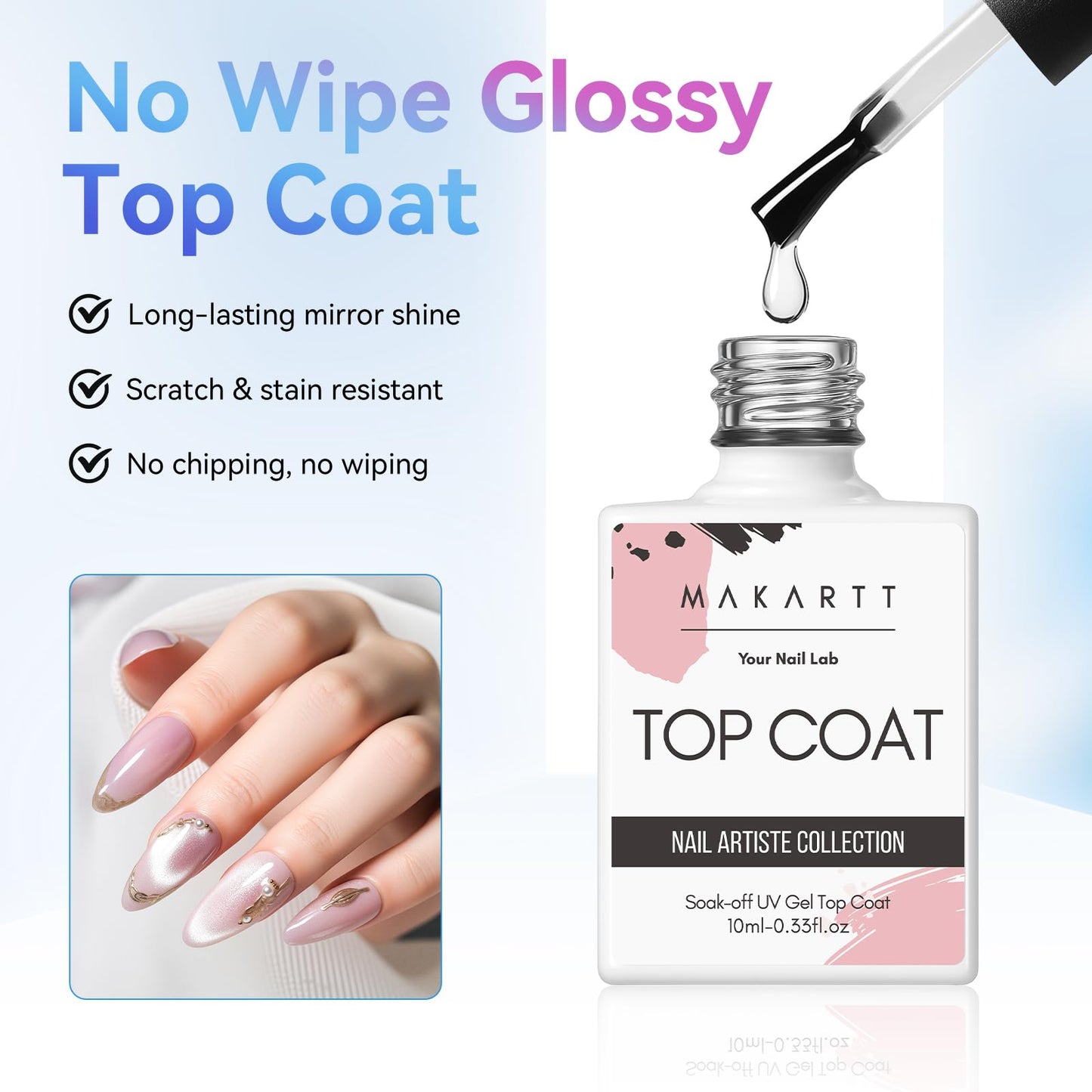 Makartt 2 Pcs Gel Top Coat and Base Coat Set - No Wipe Shine Finish Soak Off Base Top Coat Long Lasting for Gel Nail Polish, LED UV Lamp Needed, Salon Quality Nail Manicure Spring Gifts, 10ML