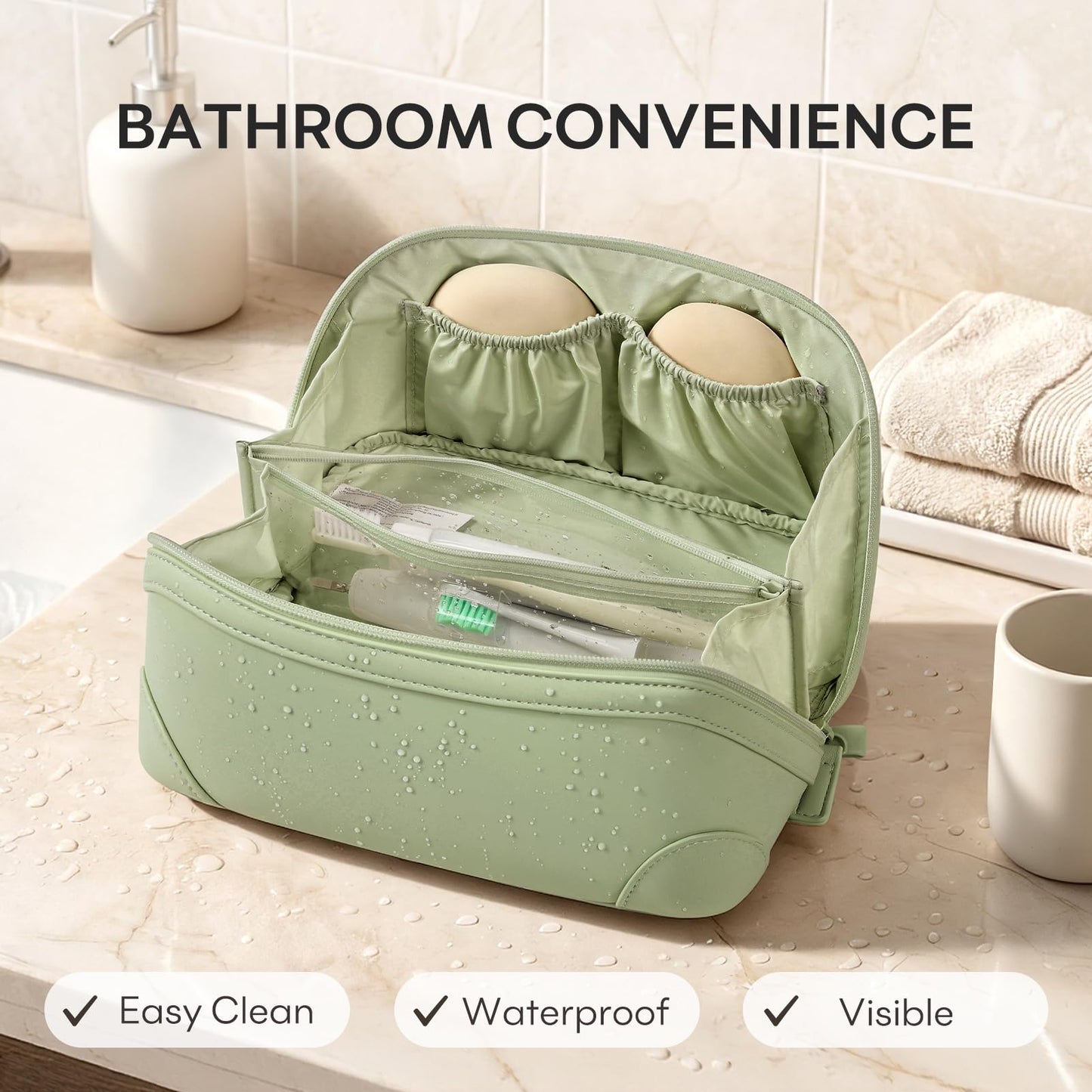 mibasies Travel Makeup Bag for Women, Large Capacity Waterproof PU Leather Flat Open Cosmetic Bag, Portable Toiletry Bag for Business Trip & Daily Use