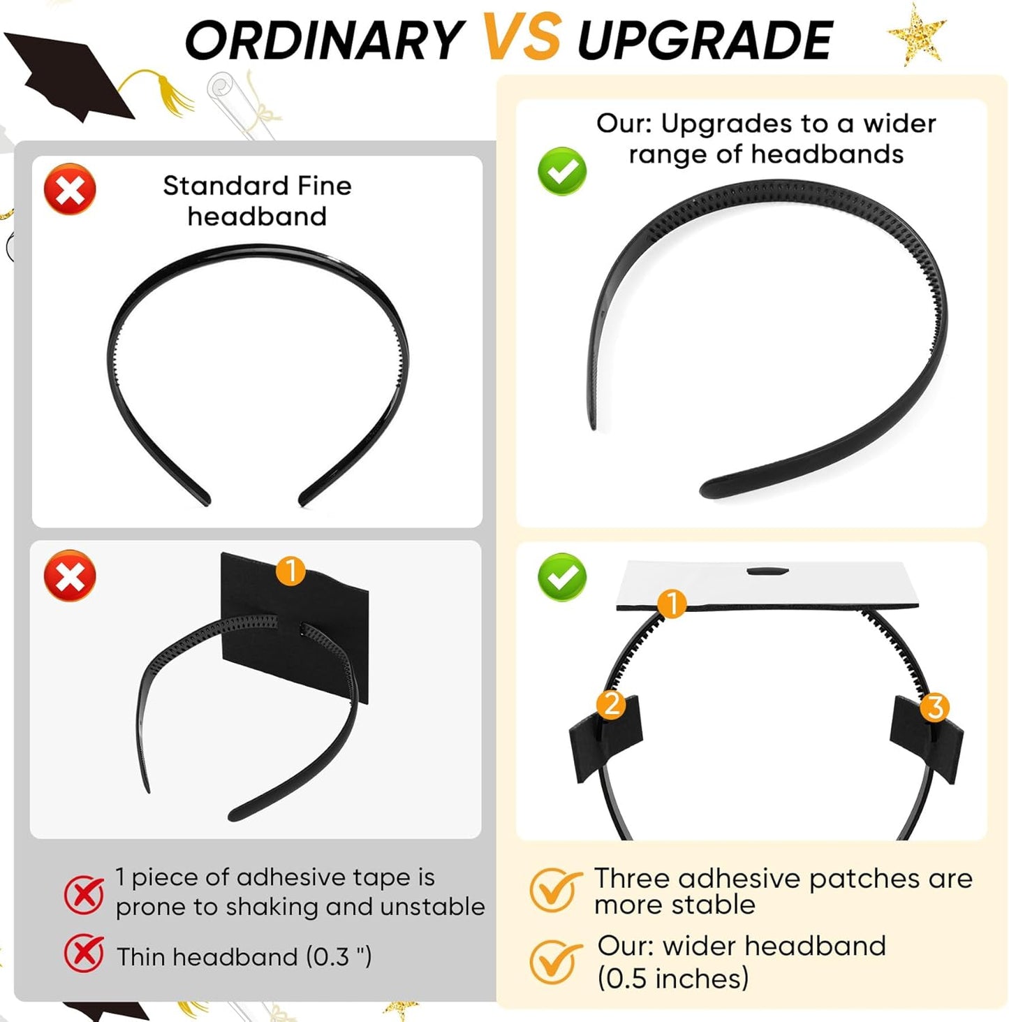Graduation Cap Headband - 2 Pack Hairband Inserts for Perfect Fit | Black Grad Accessories