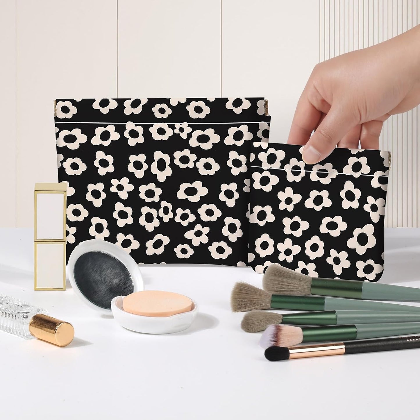 Makeup Bag Set - 2 PCS PU Leather Cosmetic Organizers | Portable Self-Closing Pouches for Travel - Black & Beige Floral