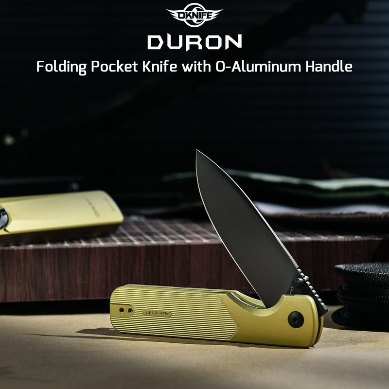 OKNIFE Duron Folding Pocket Knife, 3.5" PVD Coated Nitro-V Steel Blade, Frame Lock Lightweight O-Aluminum Ambidextrous Handle with Clip, Ideal EDC Tool for Outdoor, Camping & Survival (Olive Green)