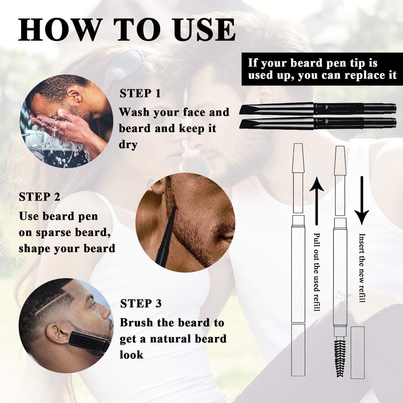 Beard Pencil Filler for Men - Water Resistant, Sweat Proof, Long Lasting & Natural Finish Barber Pencil, Mustache Repair Shape, Two Replacement Tips (Black)