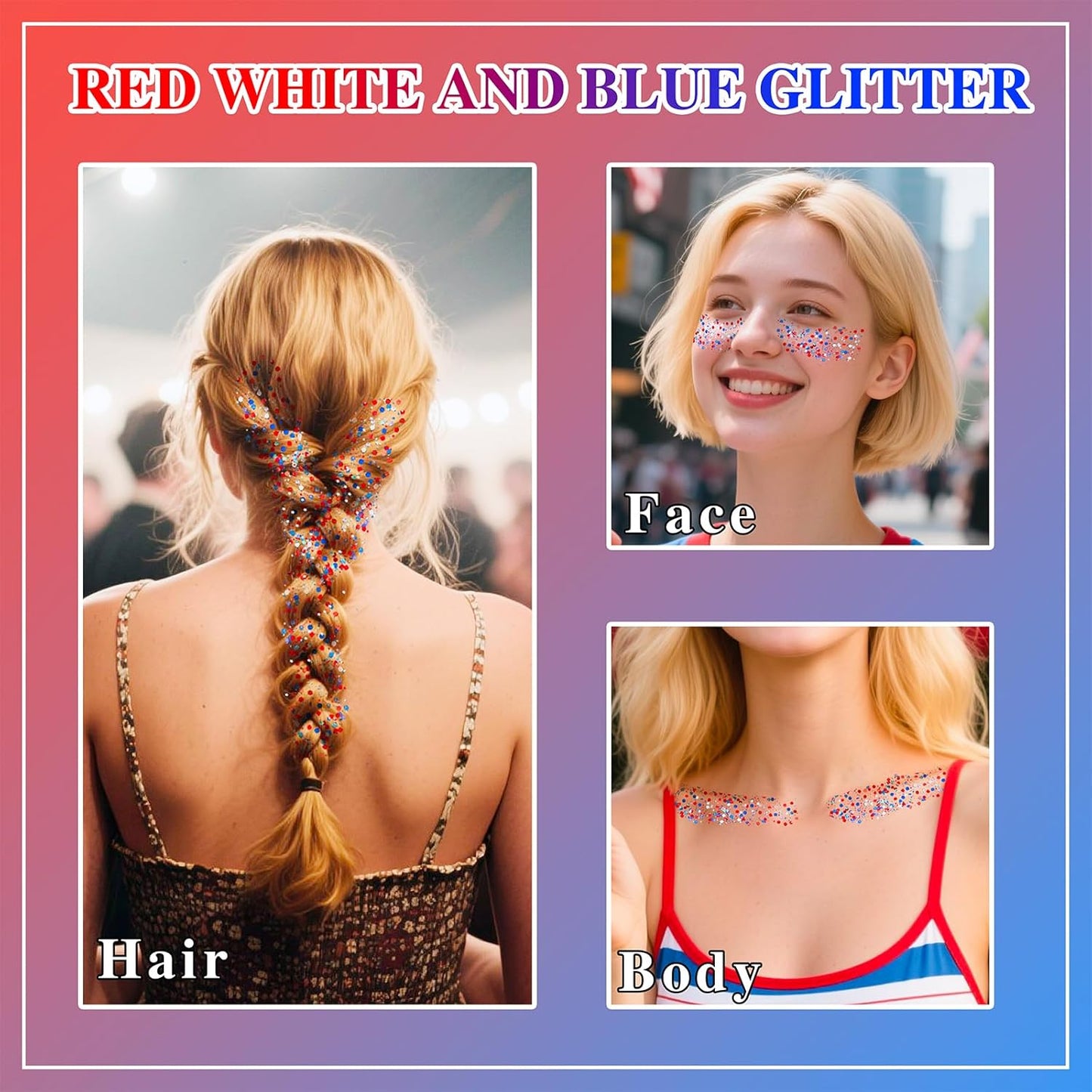 4th of July Hair Glitter Stick - Red, White & Blue Face Glitter for Patriotic Makeup | Independence Day Accessories