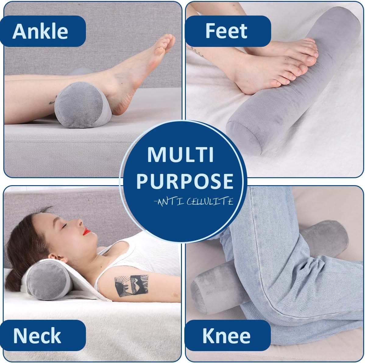 Cervical Neck Roll Pillow - Comfortable Support for Sleeping | Large Bolster Pillow for Bed, Legs & Yoga (Grey)