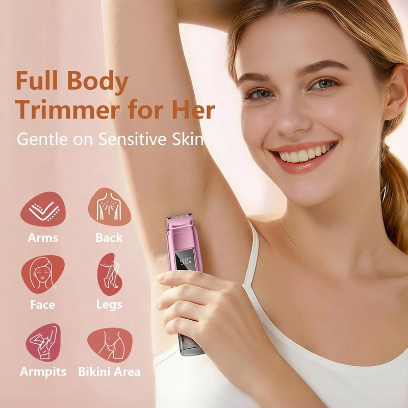 Electric Bikini Trimmer for Women - IPX7 Waterproof Dual Head Cordless Shaver with LED Display & 0.5mm Ceramic Blades | Rose Pink
