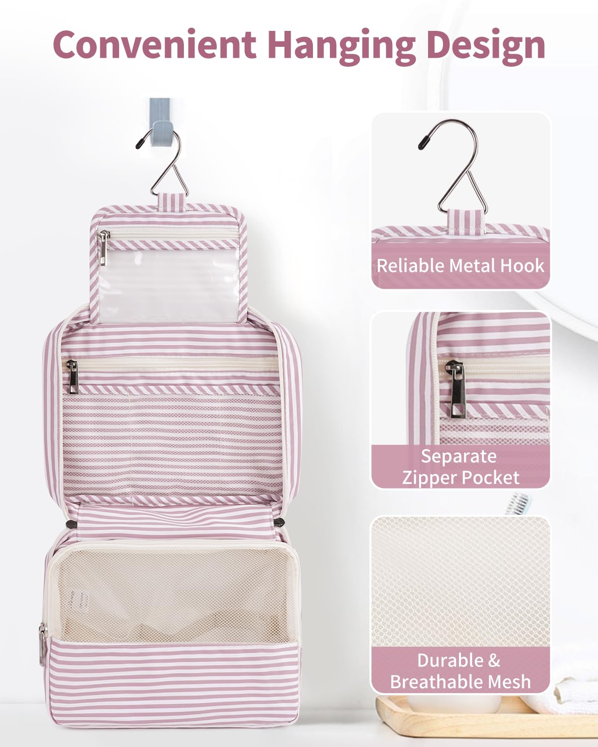 Narwey Small Hanging Travel Toiletry Bag for Women, Travel Bag for Toiletries, Makeup Bag Organizer Cosmetic Bags Make Up Bags for Girls (Dusty Pink Stripe)