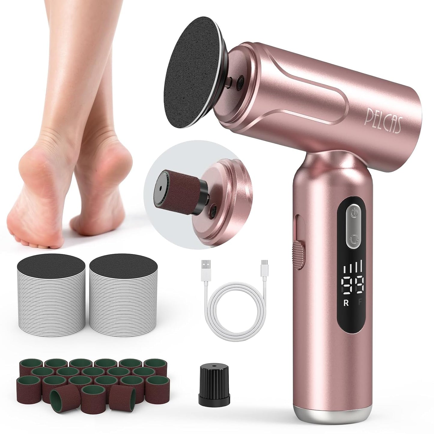 Electric Foot Callus Remover - 2-in-1 Manicure & Pedicure Kit with LED Screen | Cordless Foot File, 100 PCS Sandpapers, Pink