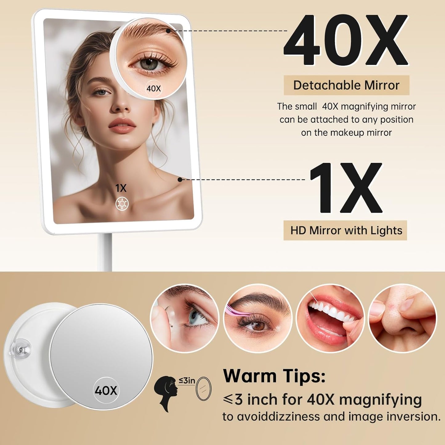 Vanity Mirror with Lights - Rechargeable Makeup Mirror | Smart Touch, 3-Color Dimmable Lighting, 40X Magnification, White