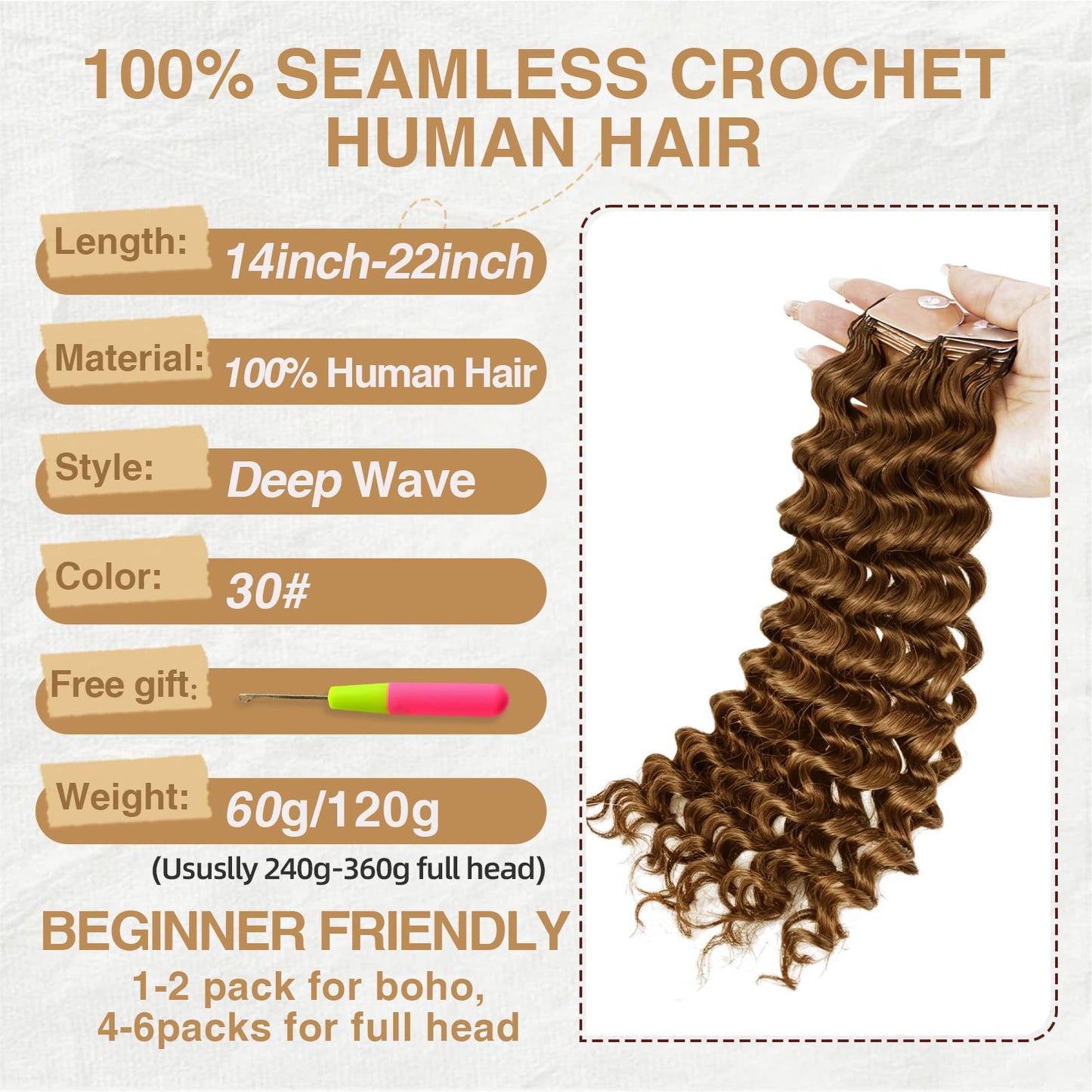 Human Crochet Hair for Black Women 18inch 60g Pre Separated 50 Strands Deep Wave Feather Crochet Human Hair Extensions 30# Light Auburn Invisible Miracle Knots Boho Crochet Bundles