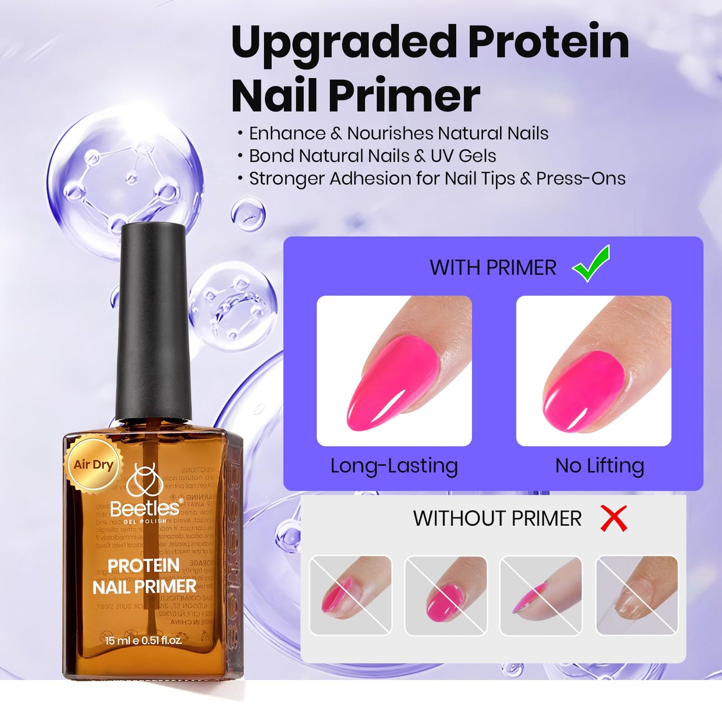 Beetles Protein Nail Primer 15ml for Gel Nail Polish, Upgraded Formula 2 in 1 Nail Bond No Lifting, Peeling, Hema & Acid Free for False Tips Acrylic & U V Prep for Women