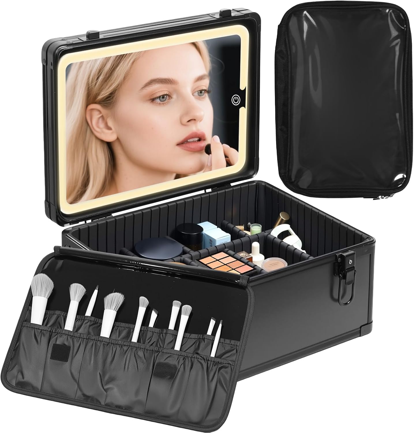 Makeup Case with Lighted Mirror - Extra Large 15-Inch Portable Cosmetic Organizer | Adjustable Dividers, Magnetic LED, Black