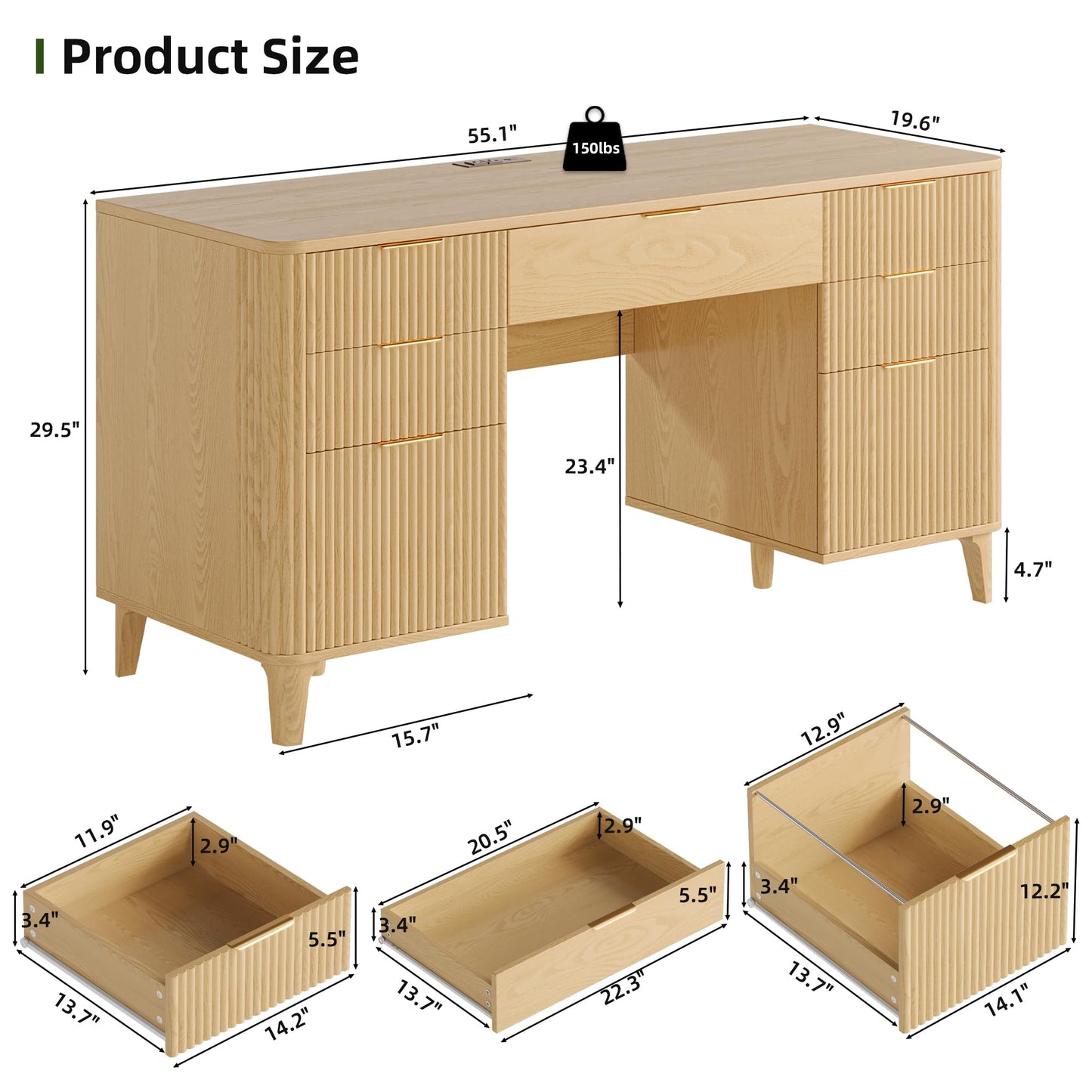 Oxirth 55.1" Fluted Executive Desk with Drawers, Wood Computer Desk with Storage Cabinet, Home Office Desk with Charging Station, Farmhouse Desk with File Cabinet for Office Home (Nature)