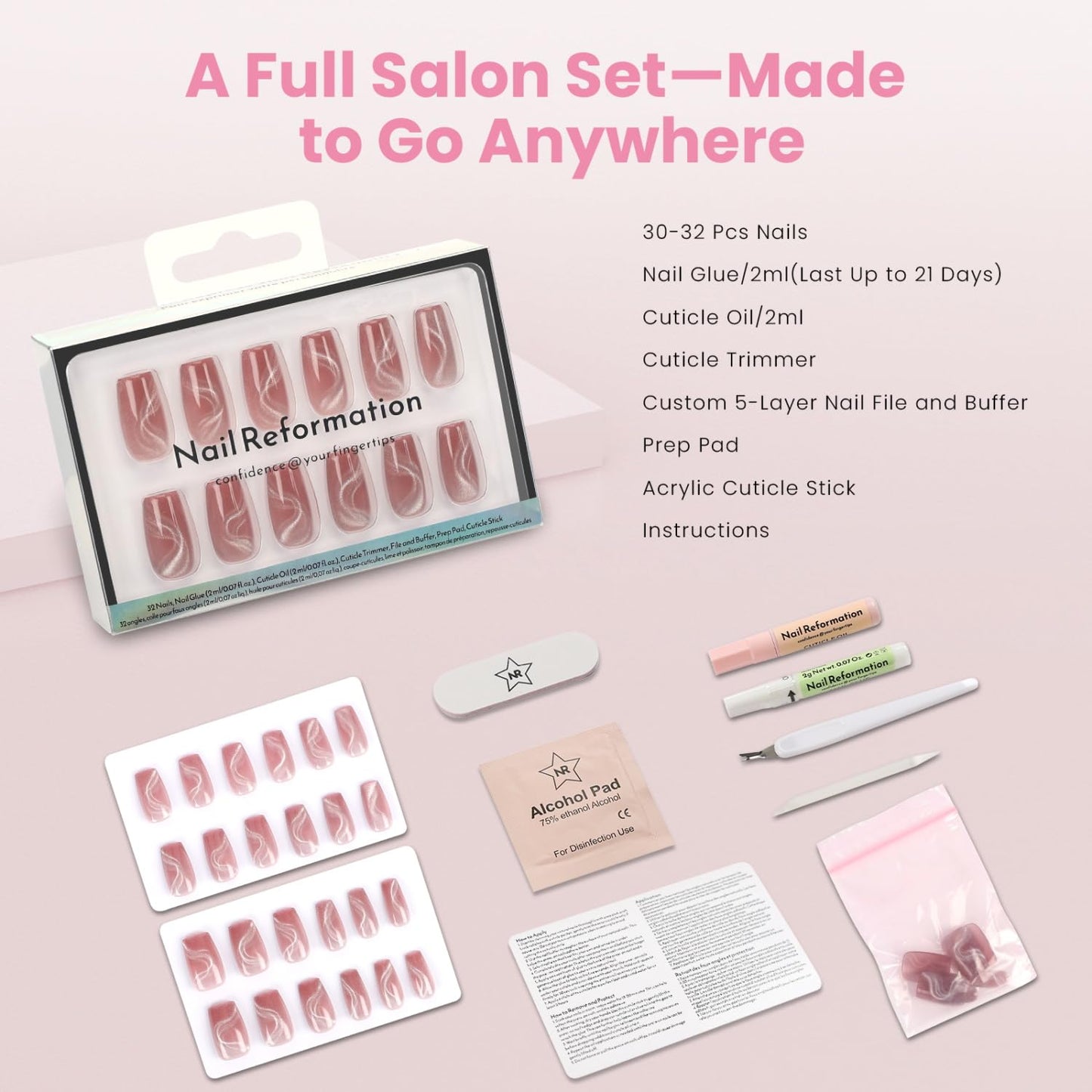 Nail Reformation Press On Nails - Pink Sway Short Coffin Velvet Cat Eye | 32 Nail Kit in 16 Sizes with Glue, Reusable Manicure Gifts for Women