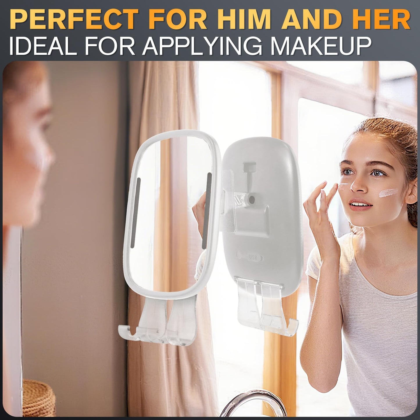 Showvigor Heated Shower Mirror Fogless for Shaving with Light, Rechargeable Battery, Detachable Adhesive Hook & Razor Holder, NO-Drilling Waterproof Anti-Fog Mirror, Gift for Men(White)
