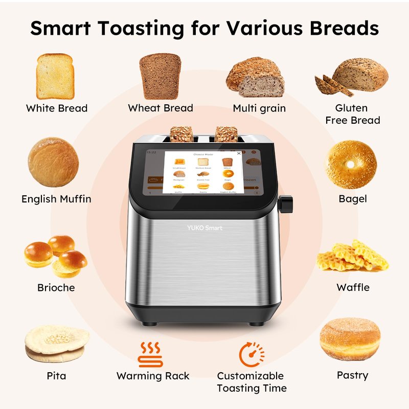 Smart Toaster 2 Slice Wide Slot LCD Touch Screen, Stainless Steel Toaster with Memory Function, 10 Bread Types & 6 Shade Settings, Fast Even Toast, Removable Crumb Tray, 900W