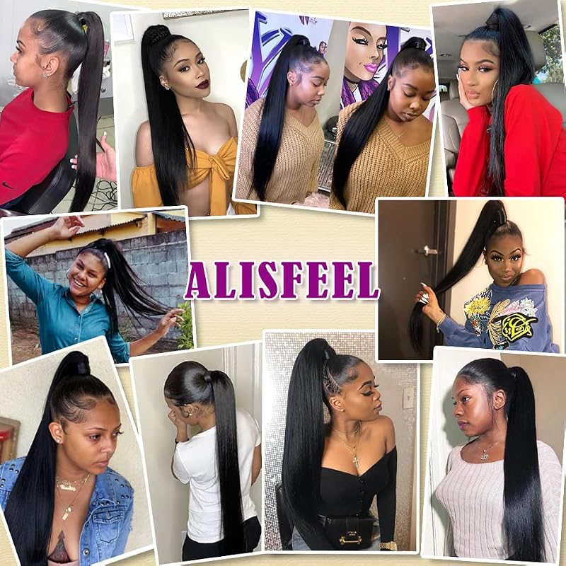 Alisfeel 12-Inch Straight Human Hair Wrap Around Ponytail Extension