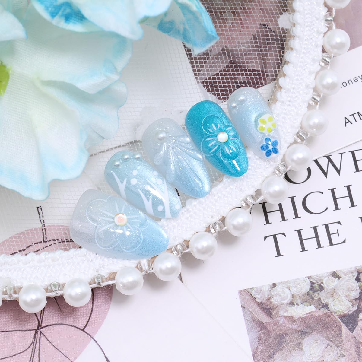 Blue French Tip Press-On Nails - 30 Pcs Short Almond Design with 3D Flowers & Pearls | Reusable Summer Beach Nails