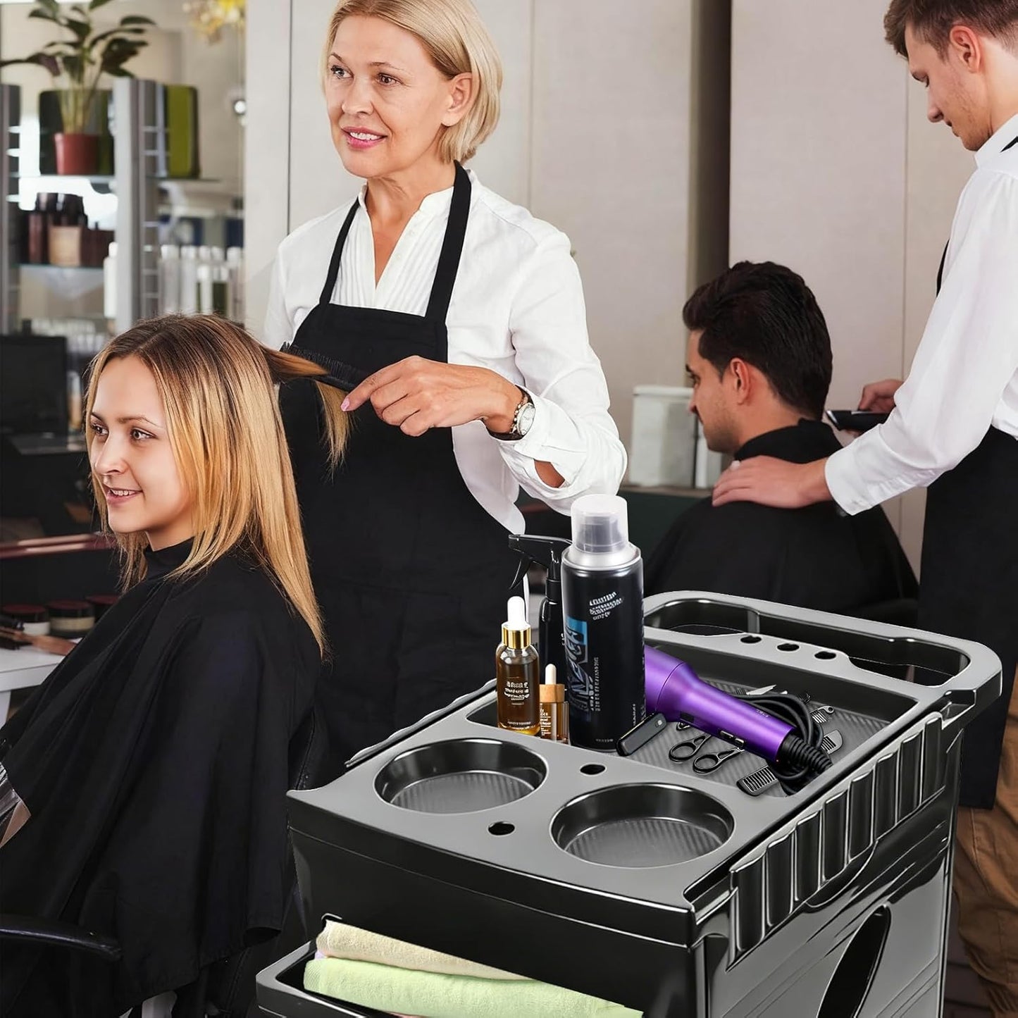 Salon Beauty Rolling Trolley Cart - Black Hair Storage Cabinet with Multi Drawers & 4 Wheels | Hollow-Carved Design