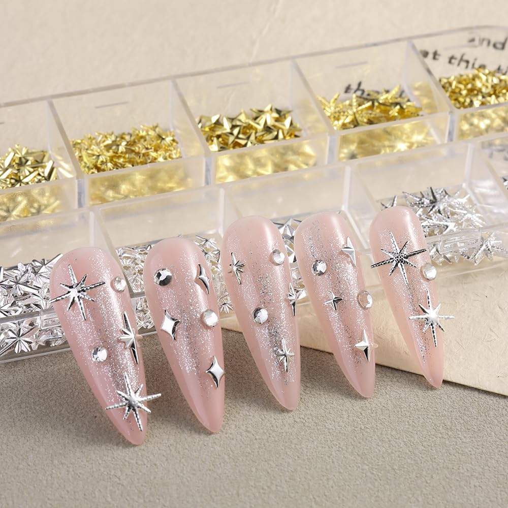 3D Star Metal Nail Art Charms, Mixed Styles Gold Silver Star Alloy Nail Rivets Jewelry Metallic Studs Rhinestones Star Manicure Decorations for Women Girls Nails Supplies DIY Crafts