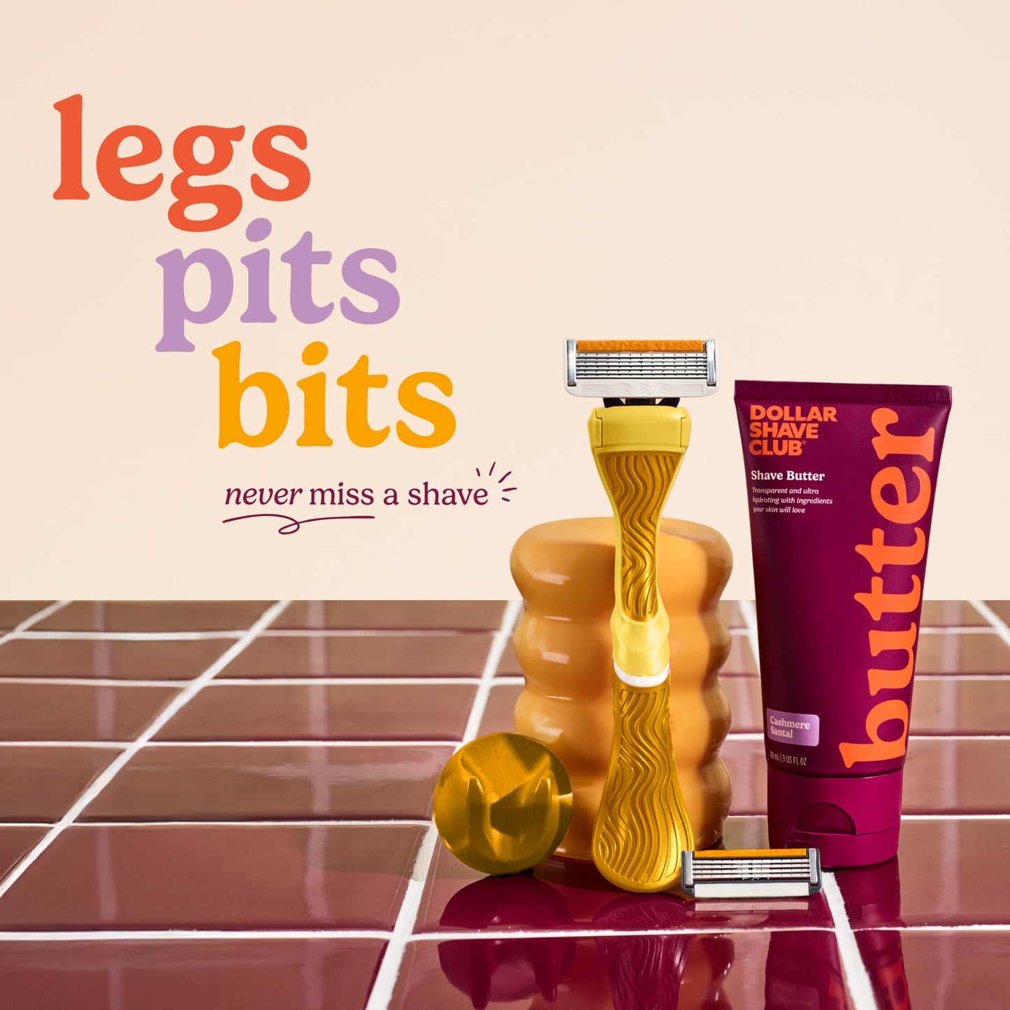 Dollar Shave Club For Women | 1 Yellow Wavy Grip Handle, 4 Razor Refills, 1 Cashmere Santal Shave Butter (3 oz), 1 Shower Hanger | Razors for Women, Womens Razors