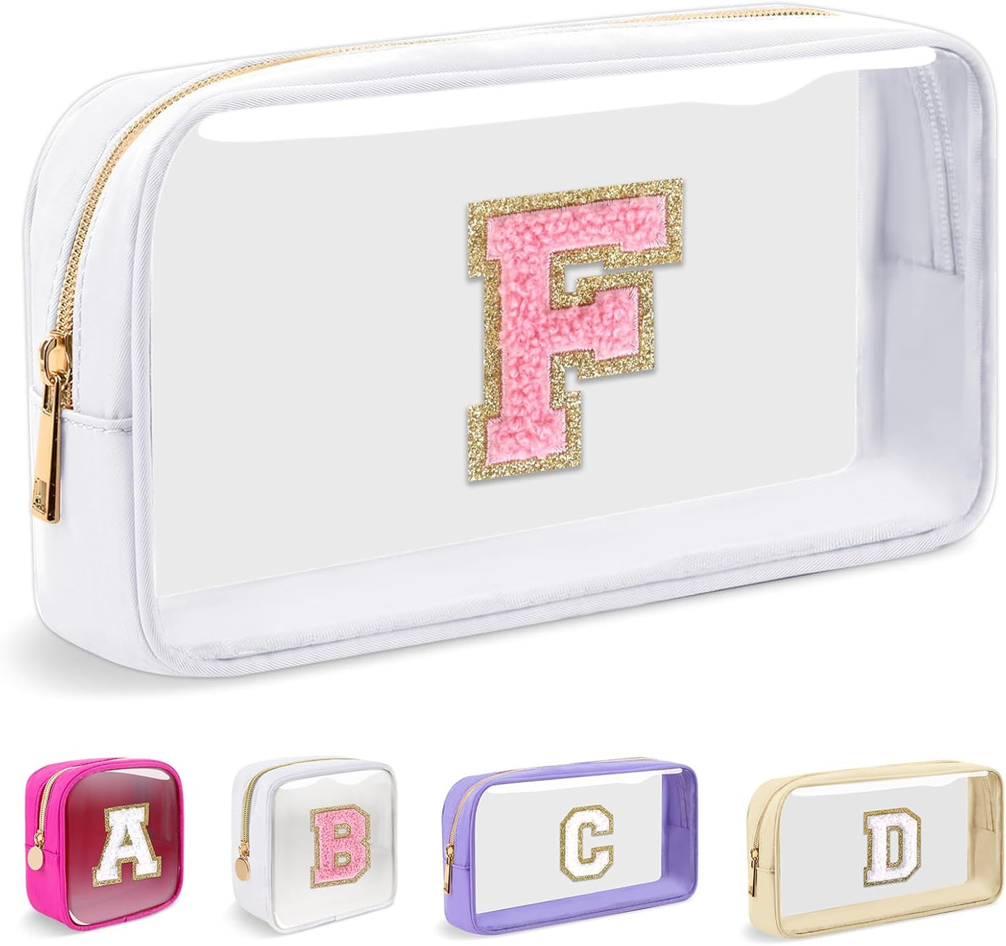 Personalized Initial Makeup Bag - Waterproof Nylon Cosmetic Pouch | A-Z Chenille Letter Patch, White-Pink G