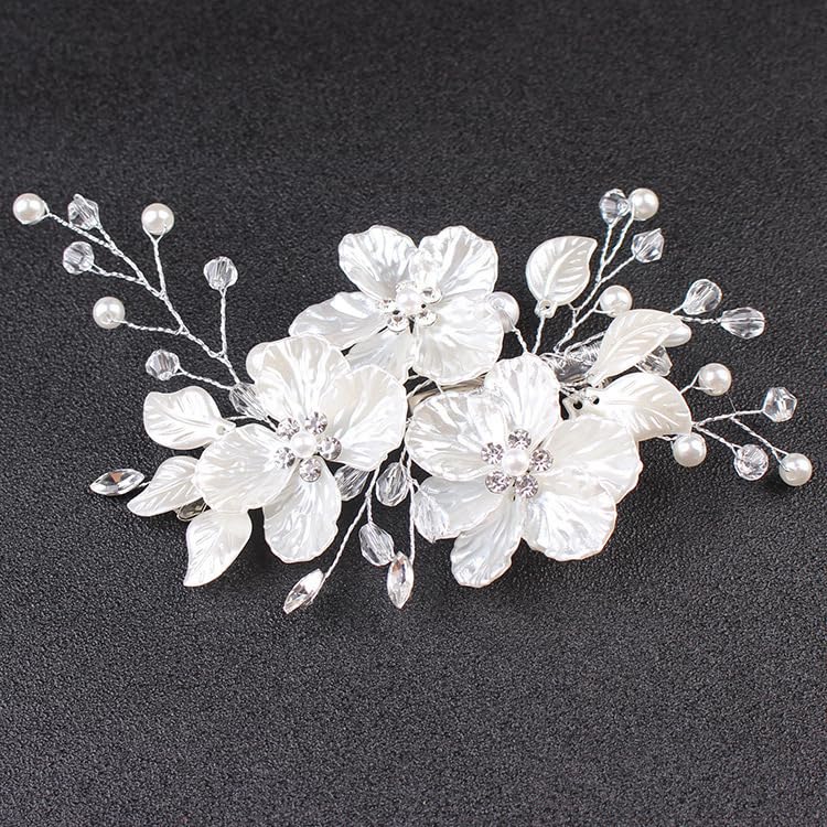 Bridal Pearl Flower Hair Comb with Rhinestones - Wedding Accessory
