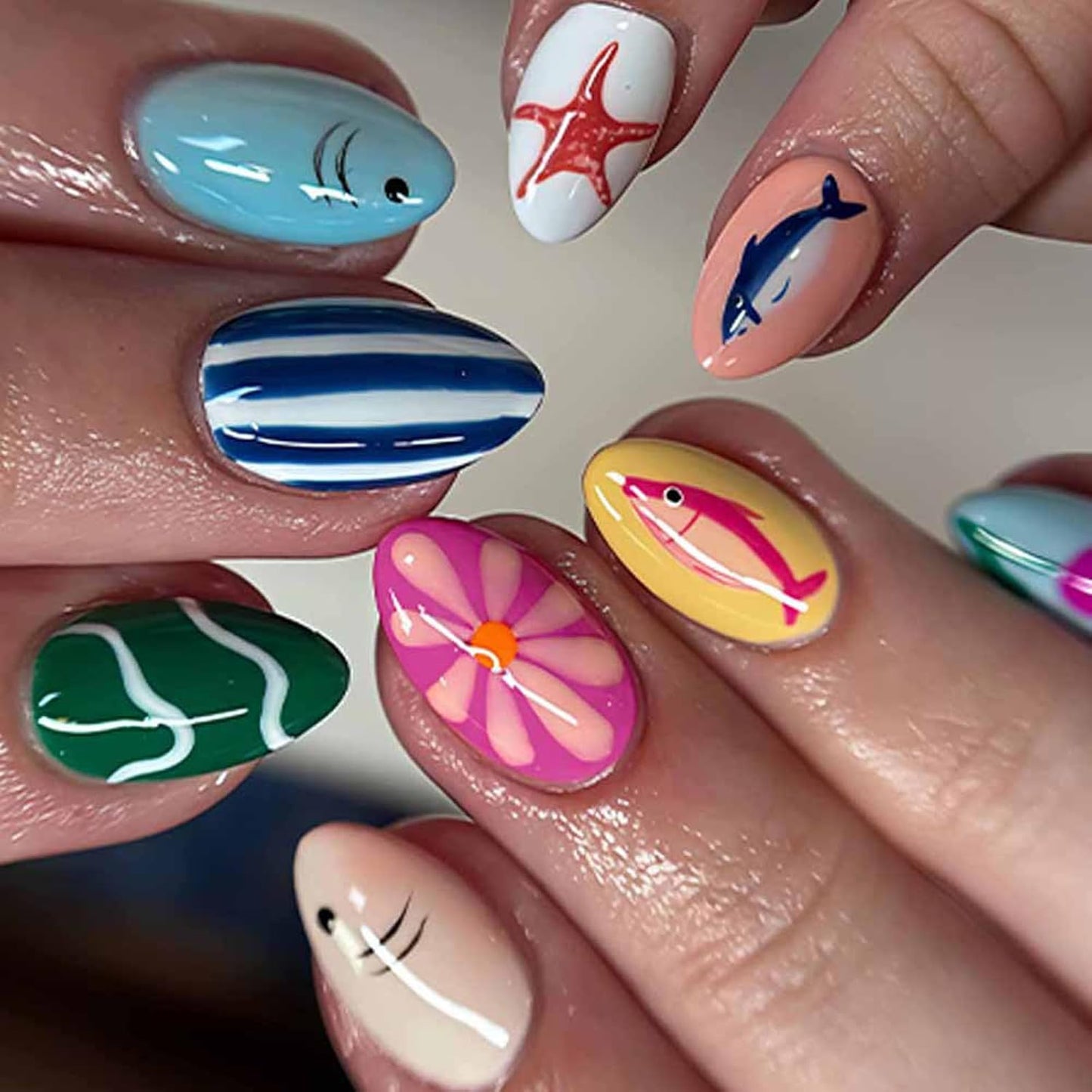 Press On Nails - Medium Oval Pink Fake Nails with Summer Designs | 24 Pcs Reusable Glossy Full Cover
