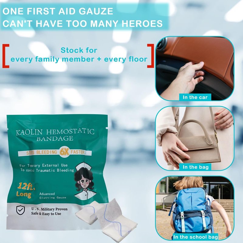 Quick Clot Gauze, First Aid Advanced Stop The Bleed Kit Combat Flexible Hemostatic Gauze-Bleed Stop Faster Wound Packing Medical,Survival Kit Supplies (3" x 12.5')