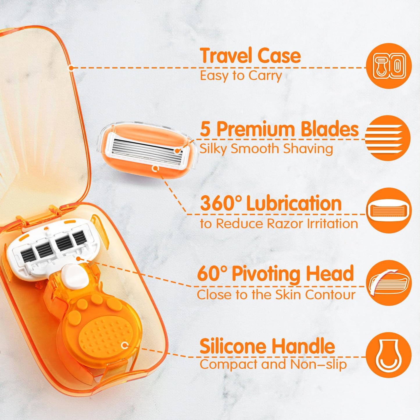 DreamGenius Travel Razors for Women Include 1 Handle and 5 Cartridges, Extra Smooth 5-Blade Travel Essentials Razor with Case for Shaving, Purple