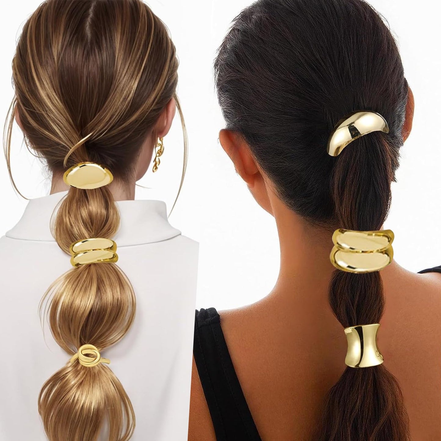 6PCS Elastic Gold Hair Ties for Women Metal Hair Ties Ponytail Cuffs Holders for Thick Hair Elegant Geometric Design Hair Accessories