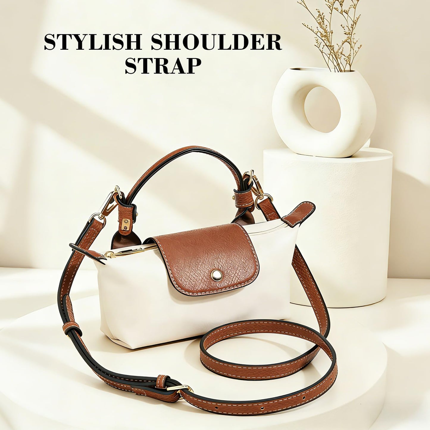 Clasextr Crossbody Strap for Longchamp Mini Bag, Leather Shoulder Strap Kit, Equipped with Silk Head Scarf