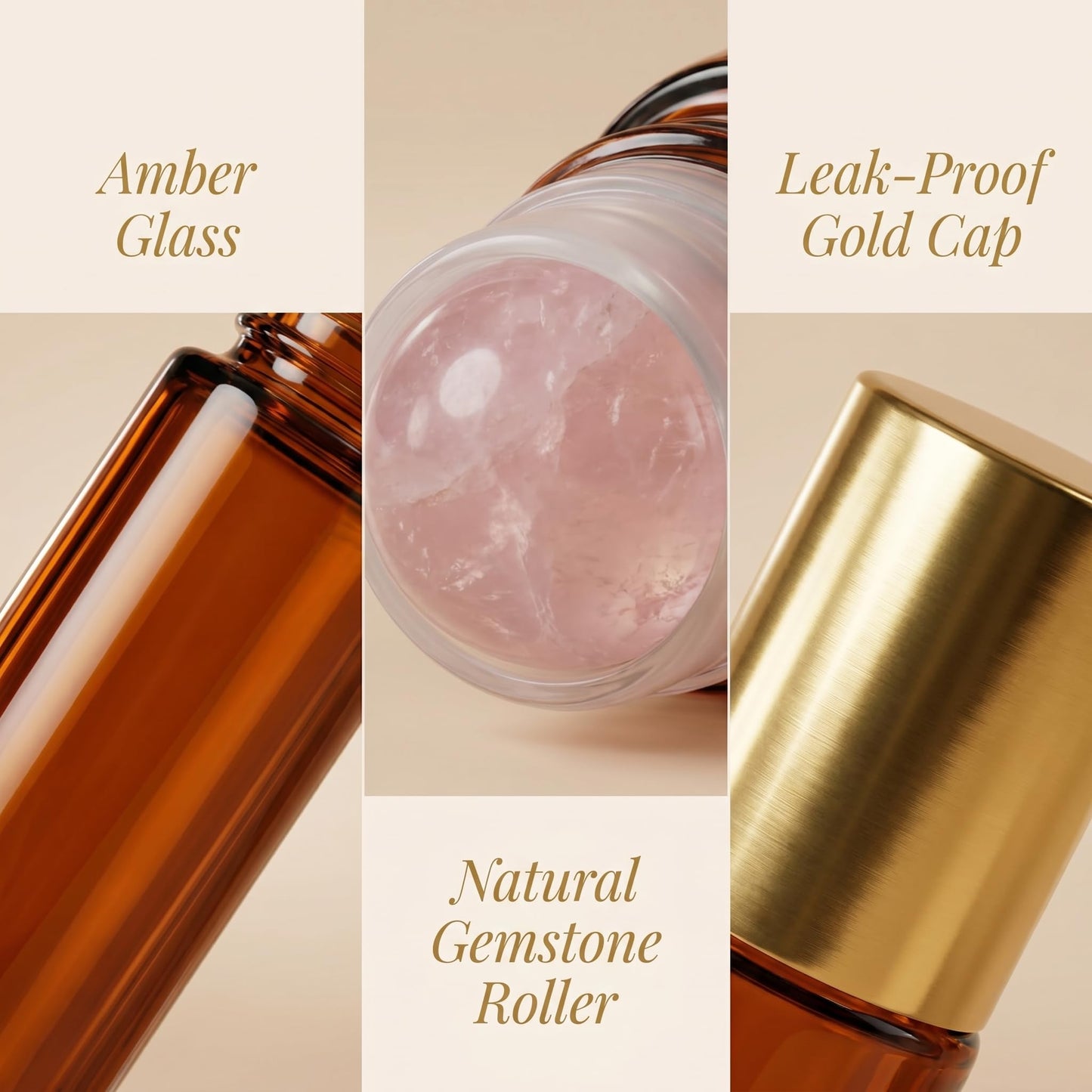 WAYDA Essential Oil Roller Bottle 50ml, 2Pack Amber Glass with Rose Quartz Roller Ball, Leak-Proof Gold Cap, Refillable Perfume Bottle for Relaxation, Stress Relief & On-the-Go Calm