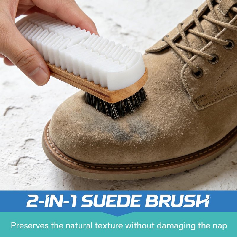 SHENMENG Suede & Nubuck Cleaner Kit, 2-in-1 Suede Brush & Horsehair Brush, White/Black Cleaning Eraser Block - Eliminate Stains, Remove Spots, Restore Nap, for Leather Shoes, Boots, Bags, Clothes