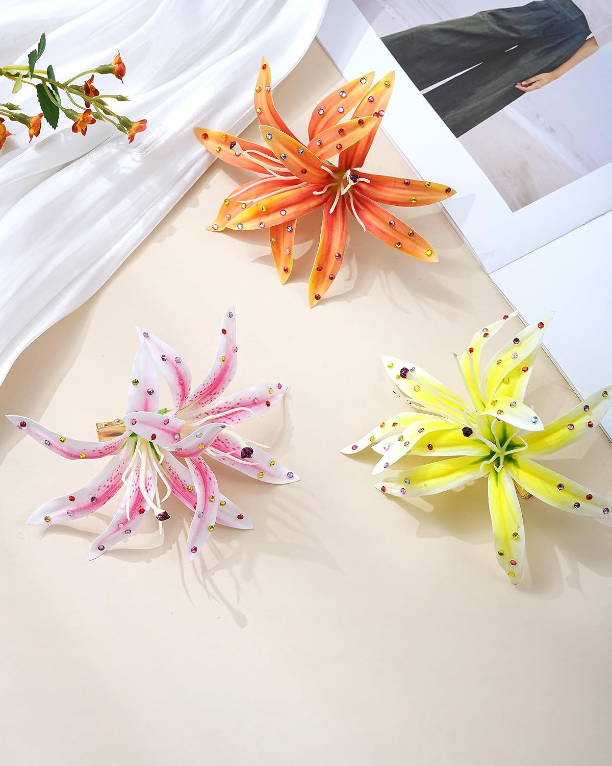 Hawaiian Flower Hair Clips - 3 Pack Tropical Orchid Hairpins | Rhinestone Wedding Accessories