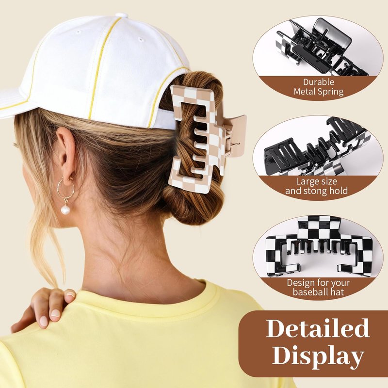 4 PCS Large Hair Clips for Baseball Cap, 4.1 Inch Hat-Friendly Claw Clips for Women Girls, Non-Slip Strong Hold Trucker Hat Hair Claw Clips for Thick Thin Hair, Checkered (Patent Pending)