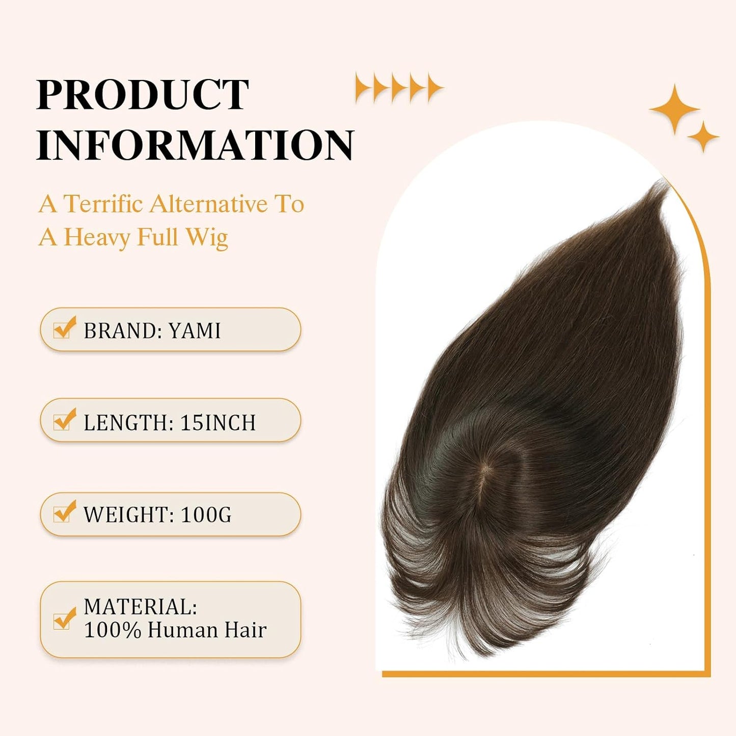 YAMI Hair Toppers for Women - Real Human Hair Topper with Bangs | Medium Brown, 15 Inch Hairpiece for Thinning Hair
