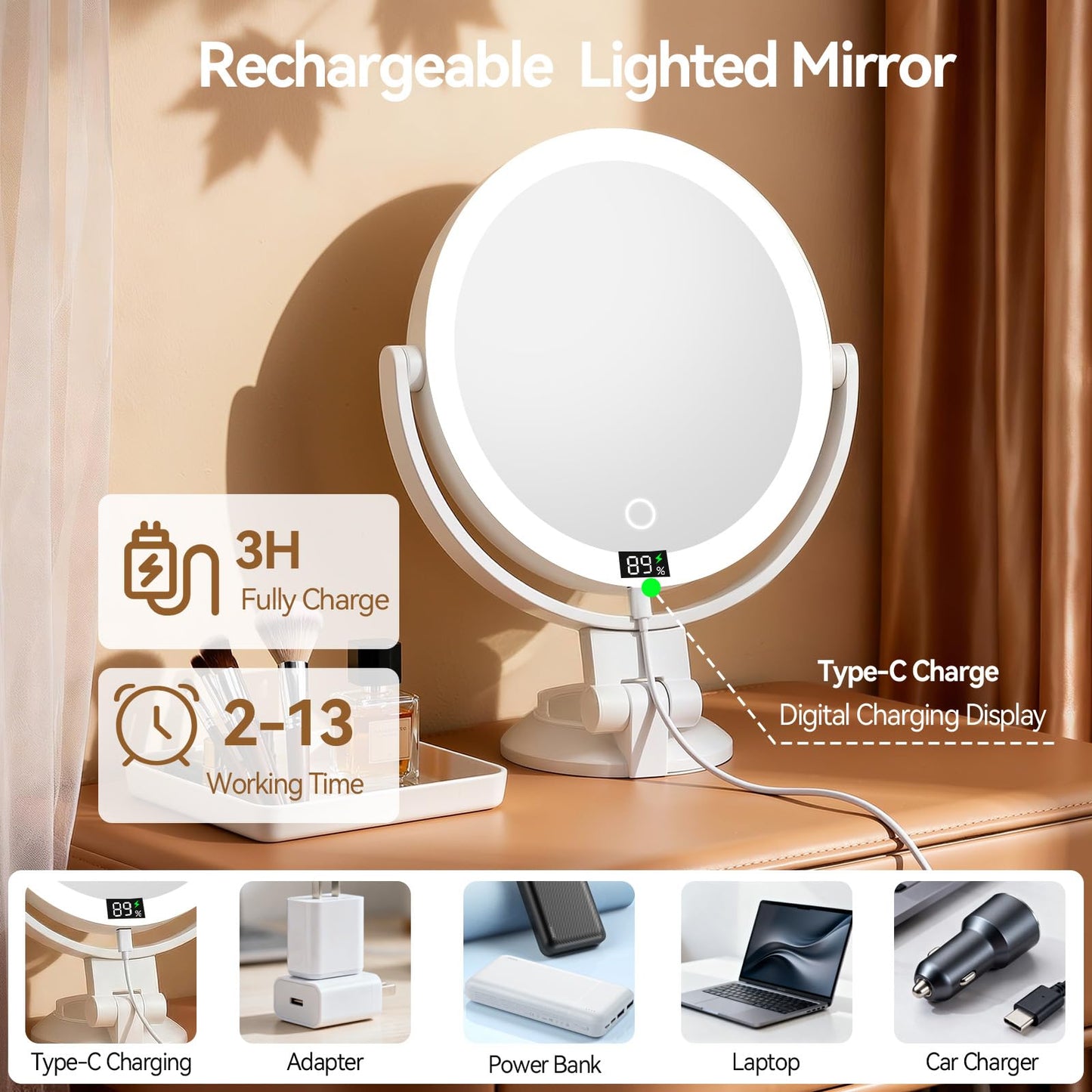 20X Magnifying Mirror Suction Cup with Lights, Wall Mounted Makeup Mirror