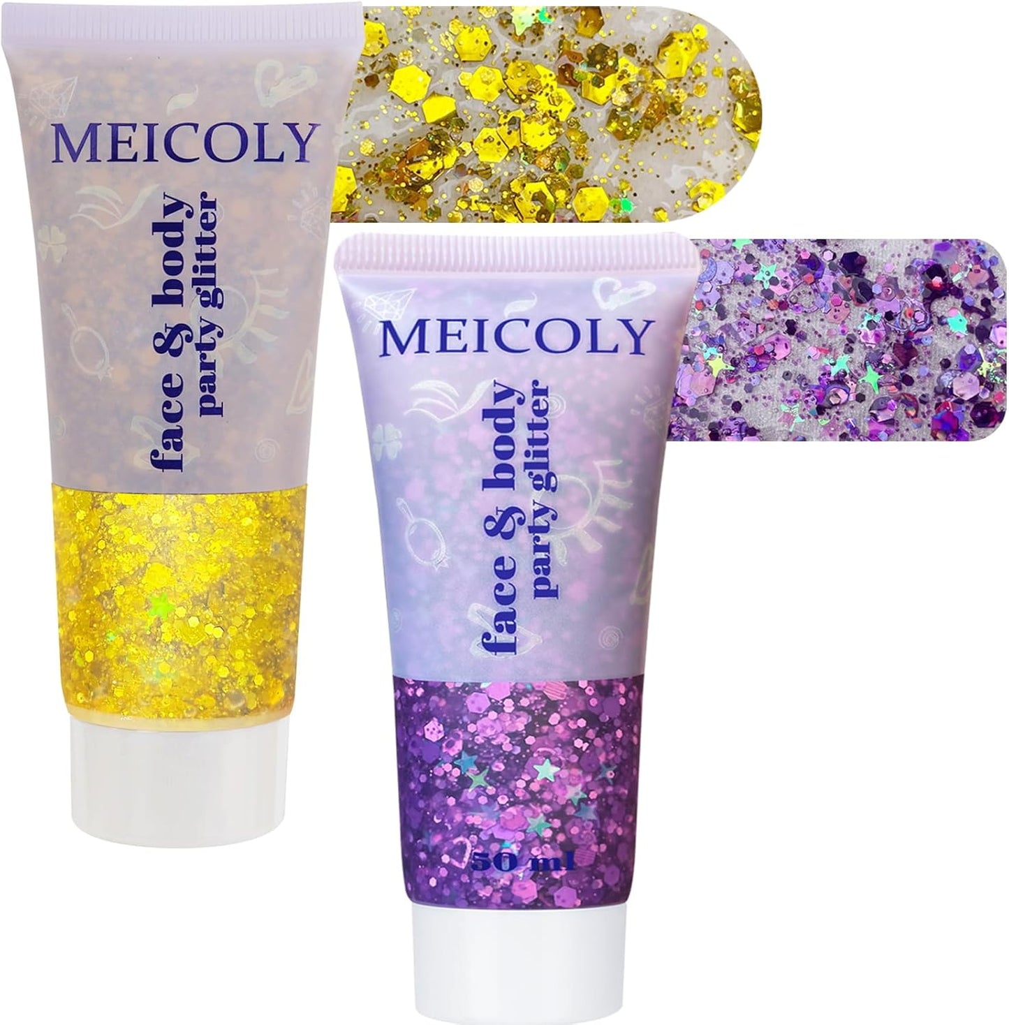 Purple and Gold Face and Body Glitter Set - Sparkly Chunky Makeup for Mardi Gras | Festival Accessories for Women and Kids