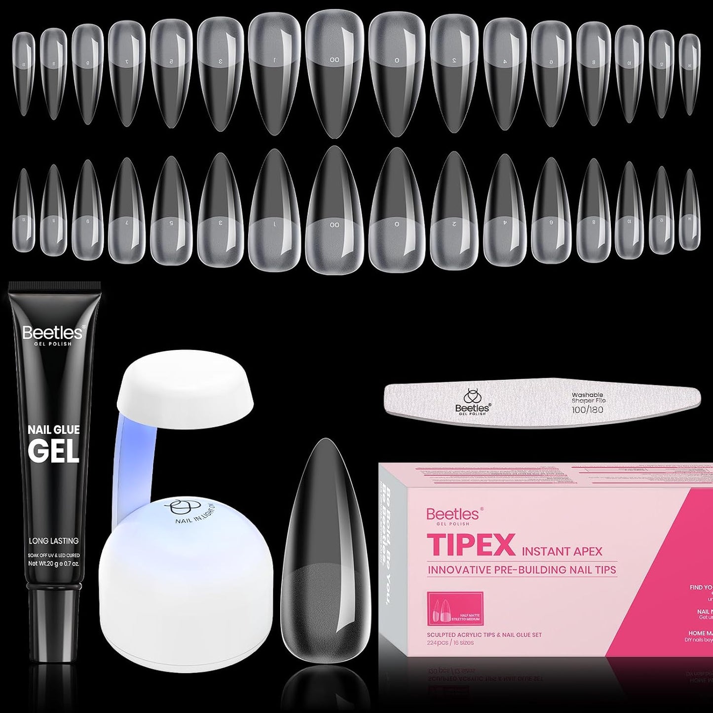 Beetles Tipex Gel Nail Kit - 224 Pcs Extra Short Square Nail Tips with Mini Lamp & Glue | 16 Sizes