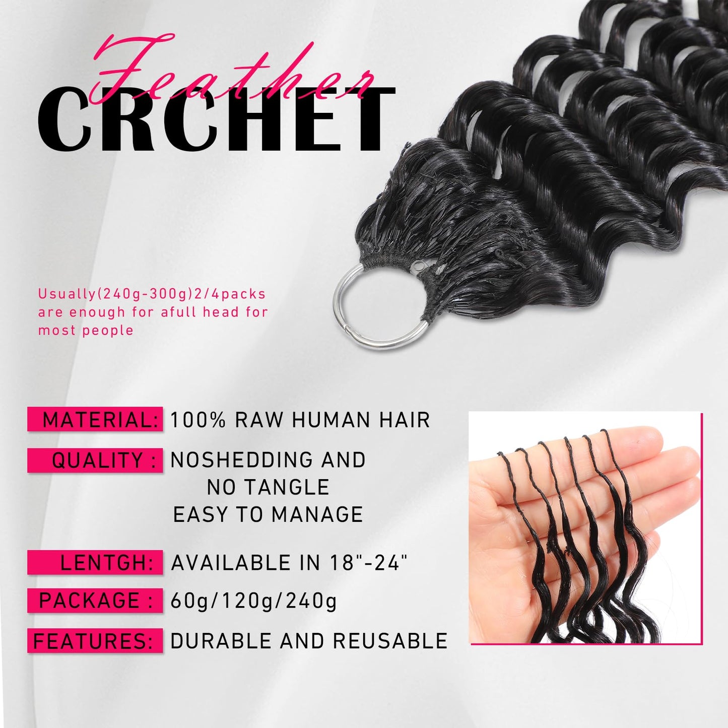Human Crochet Hair for Black Women 22 Inch 60g Miracle Knots Hair Deep Wave Feather Crochet Human Hair Bundles Invisible Boho Crochet Hair Extensions 38 Strands Natural Black